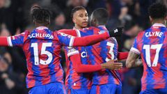 Michael Olise celebrates with teammates after his stunning equaliser for Crystal Palace against Manchester United