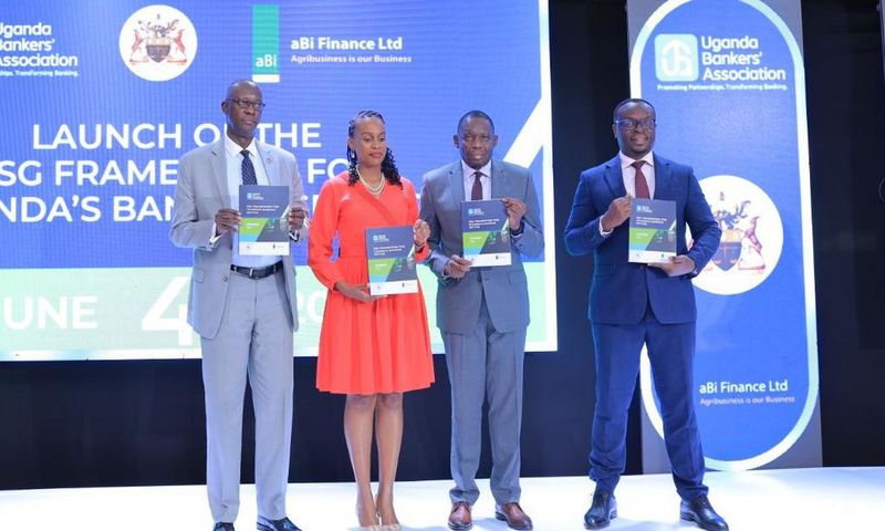 L-R: UBA Executive Director, Wilbrod Owor, Mona Muguma Ssebuliba from aBi Finance, BOU Deputy Governor, Michael Atingi-Ego and Julius Kakeeto, the UBA Chairman at the launch of the ESG framework