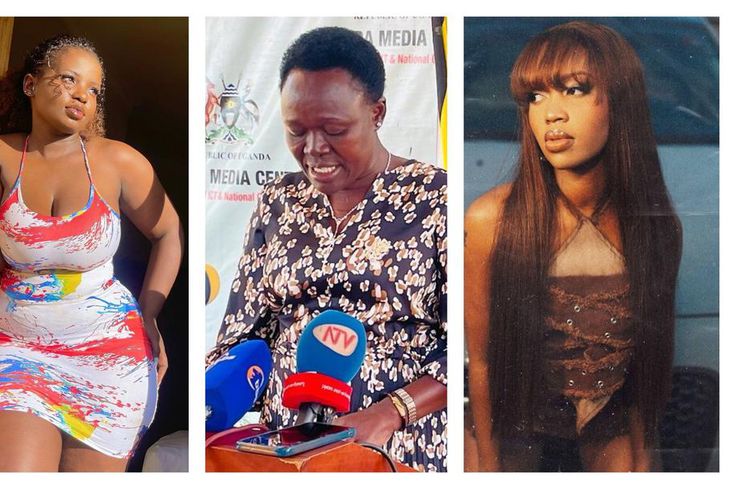 Minister Rose Lilly Akello (C) this morning addressed the press about the recently leaked videos involving social media personalities like Sheila Gashumba and Christine Nampeera