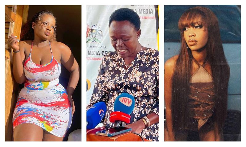Minister Rose Lilly Akello (C) this morning addressed the press about the recently leaked videos involving social media personalities like Sheila Gashumba and Christine Nampeera