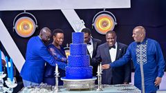 dfcu Bank management, and Guest of honor cutting cake during dfcu bank's 60 year anniverssary celebrations at Mestil Hotel