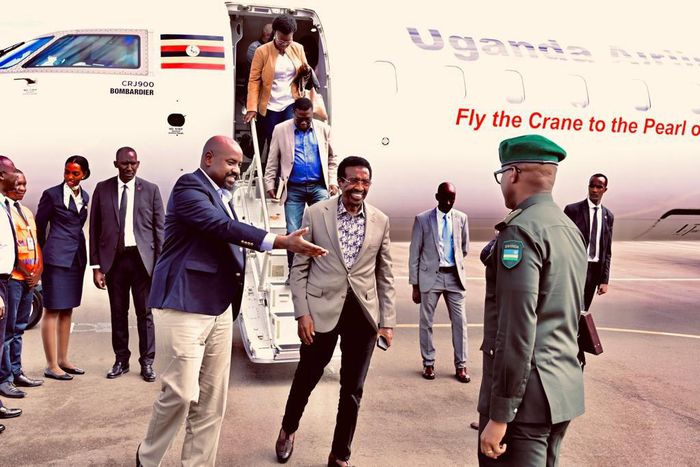 Gen Muhoozi Kainerugaba was flanked by Ministers Jim Muhwezi and Norbert Mao on is trip to Kigali