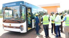 The first prototype of Kiira Motors green mobility solution on view in Nakasongola Air Base, Uganda on November 16, 2019. PHOTO | FELIX MIRINGU