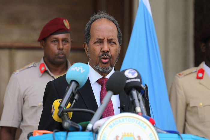 Somalia's new President, Hassan Sheikh Mohamud, speaks during a handover ceremony at the Mogadishu palace on May 23, 2022. (Photo by HASAN ALI ELMI/AFP via Getty Images)