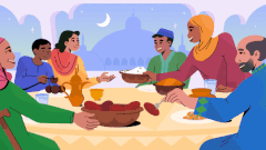Family illustration while having dinner (Iftar) during Ramadan, along with colorful lanterns