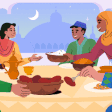 Family illustration while having dinner (Iftar) during Ramadan, along with colorful lanterns