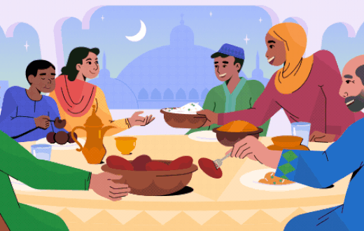 Family illustration while having dinner (Iftar) during Ramadan, along with colorful lanterns