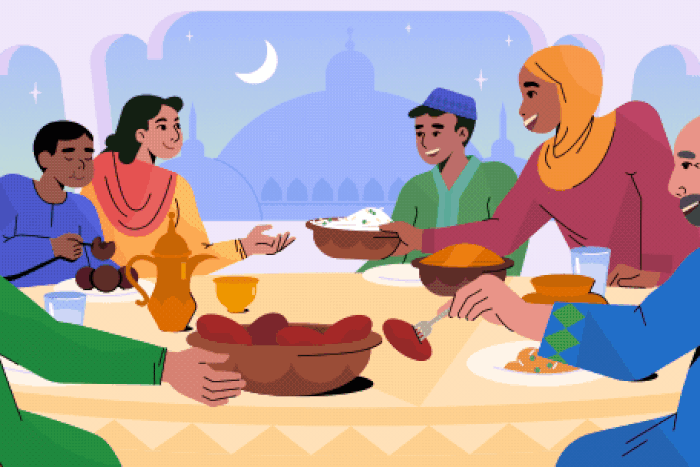 Family illustration while having dinner (Iftar) during Ramadan, along with colorful lanterns