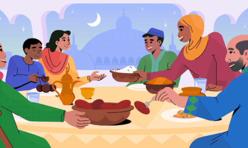 Family illustration while having dinner (Iftar) during Ramadan, along with colorful lanterns