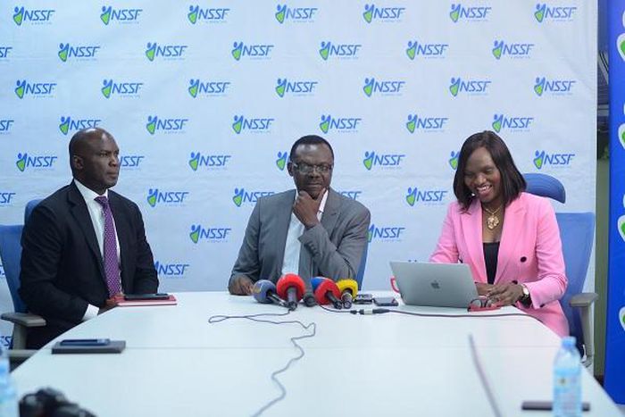 Gerald Kasaato, NSSF Ag. deputy managing director, Patrick Ayota, NSSF managing director and Barbra Arimi, NSSF head of marketing and corporate affairs at the press conference where the Fund unveiled its Vision 2035