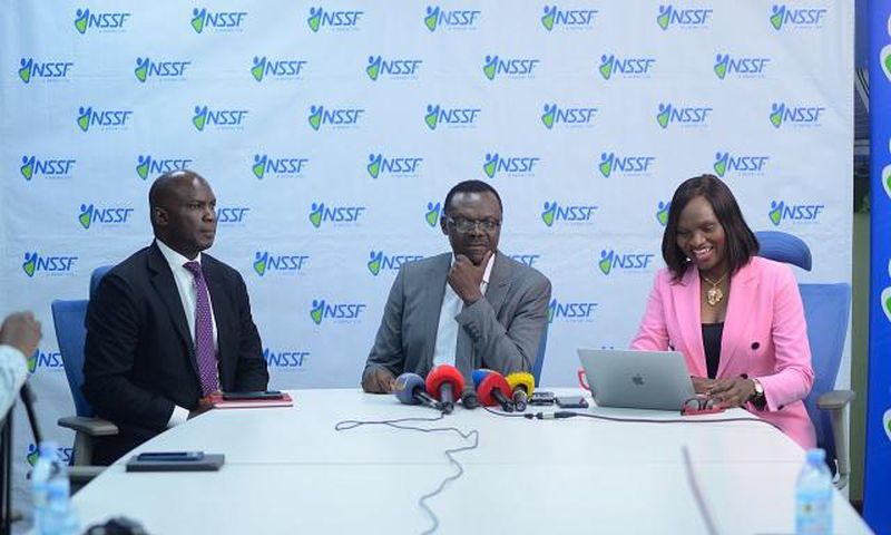 Gerald Kasaato, NSSF Ag. deputy managing director, Patrick Ayota, NSSF managing director and Barbra Arimi, NSSF head of marketing and corporate affairs at the press conference where the Fund unveiled its Vision 2035