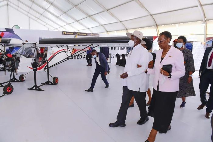 President Museveni and First Lady Janet touring stalls yesterday at the National Science Week in Kololo