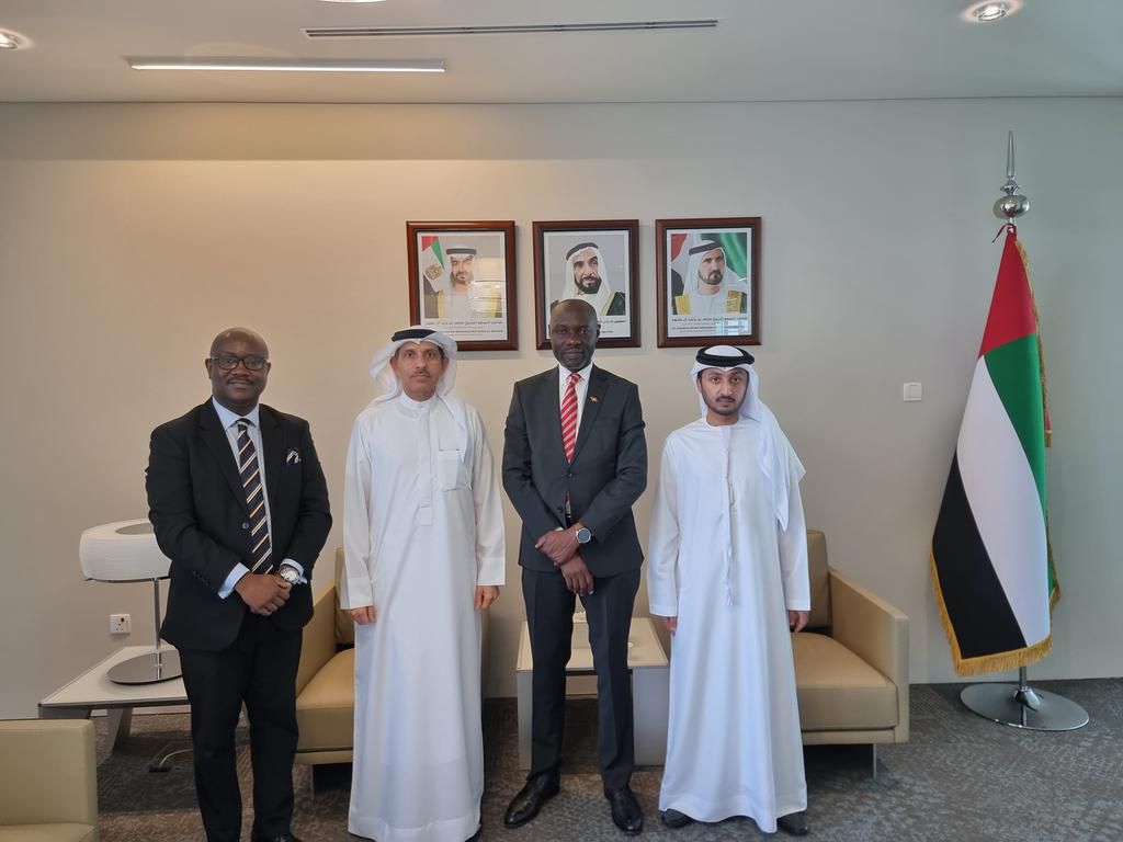 Mr Nyanzi Deo - Manager Government Relations and Routes Coordination Uganda Airlines,  H.E Omar Ghaleb- Deputy Director-General UAE Civil Aviation Authority, H.E. Amb. Zaake Kibedi Uganda Ambassador to UAE and Mr Hassan Ahmed Barman- Officer in charge of Air Transport, strategy and international affairs- UAE Civil Aviation Authority