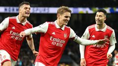 Arsenal's Martin Odegaard celebrates after scoring their second goal