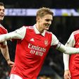 Arsenal's Martin Odegaard celebrates after scoring their second goal