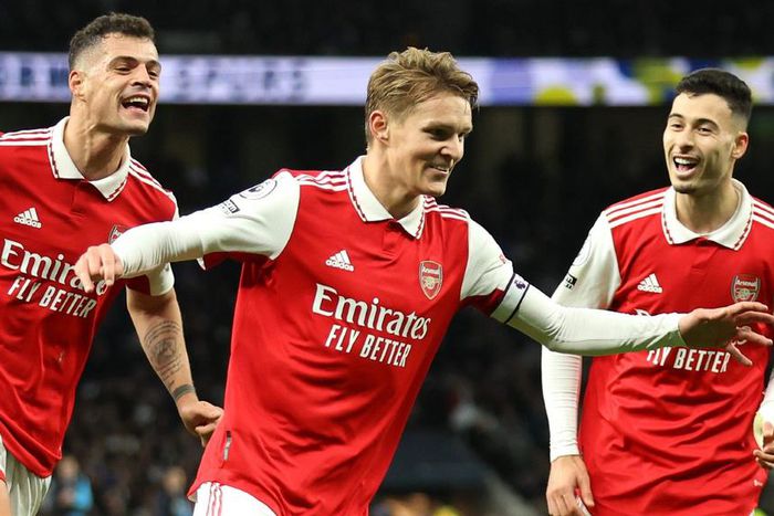 Arsenal's Martin Odegaard celebrates after scoring their second goal