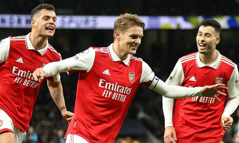 Arsenal's Martin Odegaard celebrates after scoring their second goal