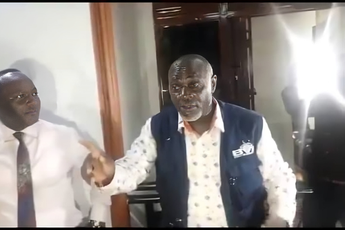 Mathias Mpuuga and Abed Bwanika addressing their supporters last night