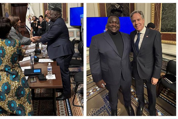Ham Sserunjogi posing with Vice President Kamala Haris and Secretary Blinken at the swearing in