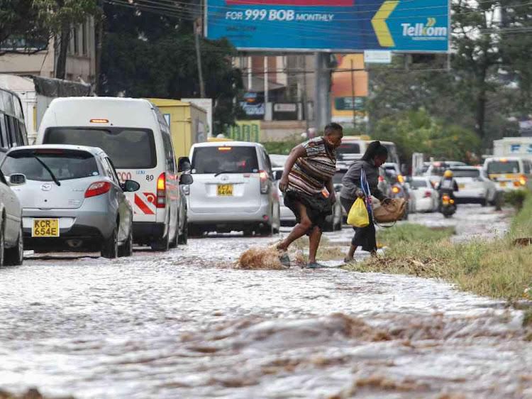 Heavy traffic on a Kenyan road during the rainy season