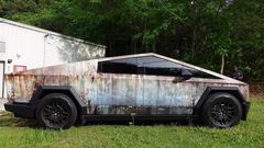 A rust-wrapped Telsa Cybertruck