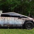 A rust-wrapped Telsa Cybertruck