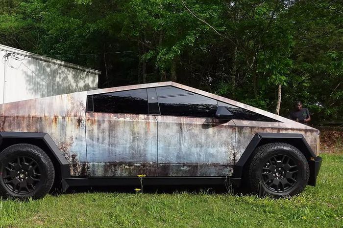 A rust-wrapped Telsa Cybertruck