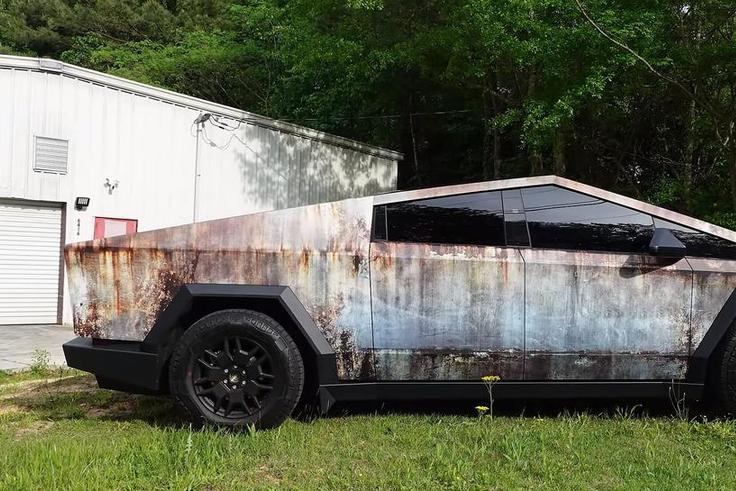A rust-wrapped Telsa Cybertruck