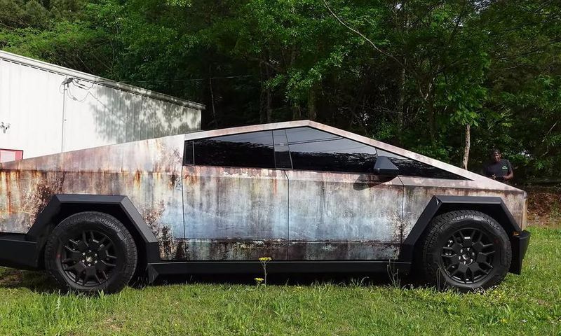 A rust-wrapped Telsa Cybertruck