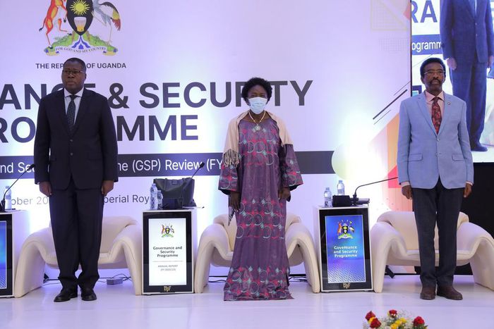 Ministers Jacob Oboth-Oboth, Rebecca Kadaga and Jim Muhwezi at the launch of the security review report
