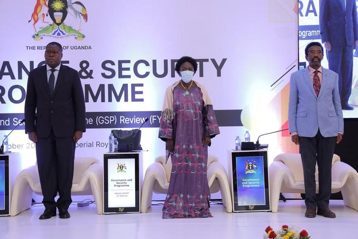 Ministers Jacob Oboth-Oboth, Rebecca Kadaga and Jim Muhwezi at the launch of the security review report