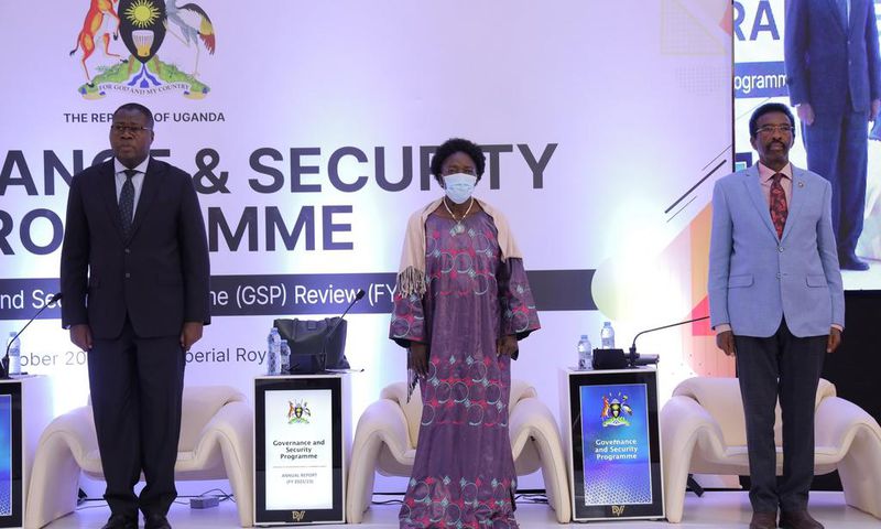 Ministers Jacob Oboth-Oboth, Rebecca Kadaga and Jim Muhwezi at the launch of the security review report