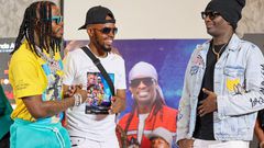 Diamon Platnumz together with Nameless and showrunner Alex Muhangi at the press conference (@JoachimShots)