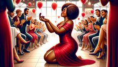 AI-generated image of an African woman, elegantly kneeling in a stylish dinner dress