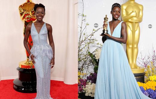 Lupita Nyong'o's dress at the 2024 Oscars was a throwback to the dress she wore at the 2014 Oscars.Mike Coppola/Getty Images; Jeffrey Mayer/WireImage