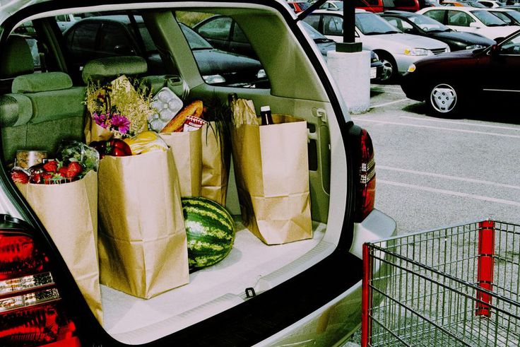 Groceries in back of car, parked in parking lot (Cross Processed)
