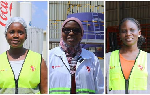 L-R: Doreen Namuyiga the CCBU Quality Assurance Technologist, Anisha Namugabo the Quality Controller and Barbra Namanyi the CCBU Raw Materials Planner