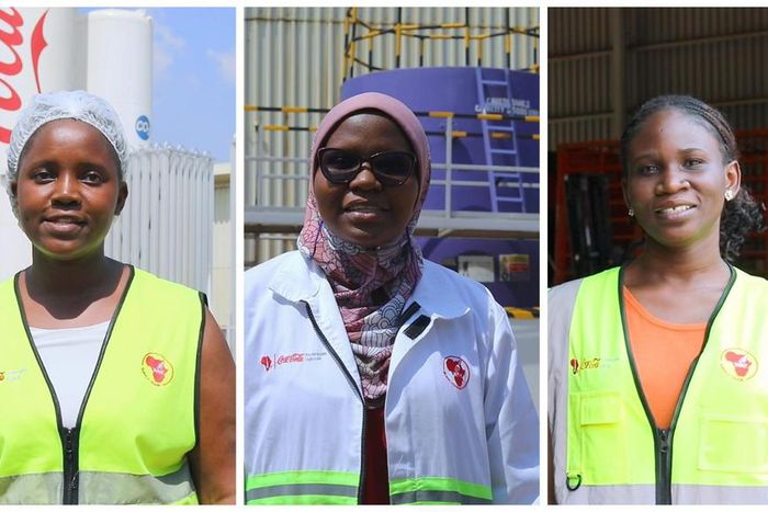 L-R: Doreen Namuyiga the CCBU Quality Assurance Technologist, Anisha Namugabo the Quality Controller and Barbra Namanyi the CCBU Raw Materials Planner
