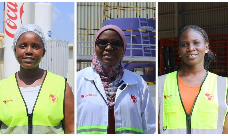 L-R: Doreen Namuyiga the CCBU Quality Assurance Technologist, Anisha Namugabo the Quality Controller and Barbra Namanyi the CCBU Raw Materials Planner