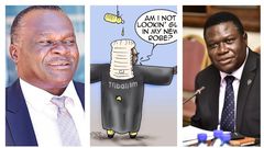 Minister Norbert Mao (R) says illustrations such as this of the Chief Justice (L) by cartoonist Jimmy Spire are degrading the Judiciary
