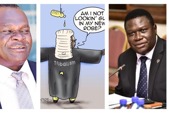 Minister Norbert Mao (R) says illustrations such as this of the Chief Justice (L) by cartoonist Jimmy Spire are degrading the Judiciary