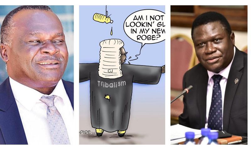 Minister Norbert Mao (R) says illustrations such as this of the Chief Justice (L) by cartoonist Jimmy Spire are degrading the Judiciary