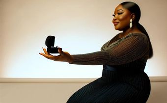 AI-generated image of an African woman, elegantly kneeling in a stylish dinner dress