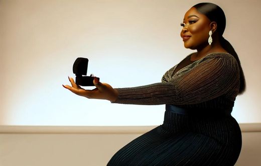 AI-generated image of an African woman, elegantly kneeling in a stylish dinner dress