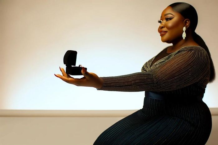 AI-generated image of an African woman, elegantly kneeling in a stylish dinner dress