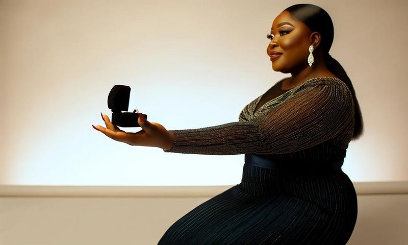 AI-generated image of an African woman, elegantly kneeling in a stylish dinner dress