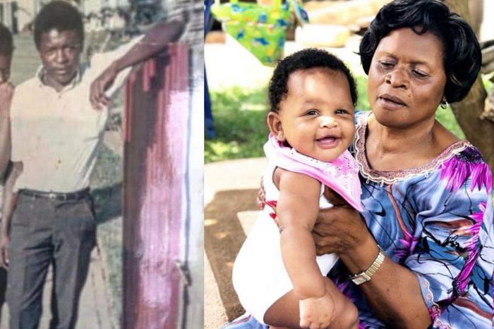 Proscovia Musoke and her husband, Gerald Mayanja Musoke posing for a picture with a grandchild