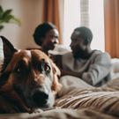 A couple in the bedroom and their dog lying in bed