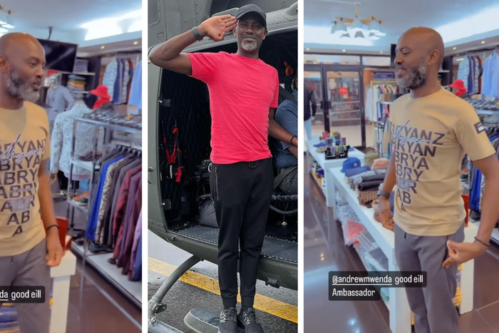 Andrew Mwenda tries on Abryanz apparel while 'bazukulu' make fun of him/Instagram