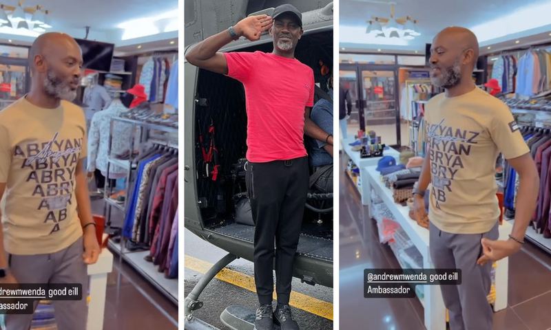 Andrew Mwenda tries on Abryanz apparel while 'bazukulu' make fun of him/Instagram